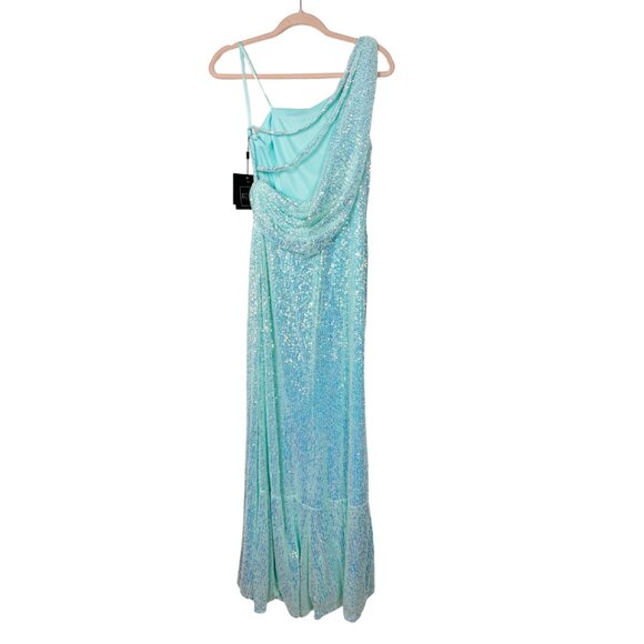 NWT Mac Duggal Sequined One Shoulder Draped Back Gown Icy Blue 2 #9827 - Picture 5 of 8
